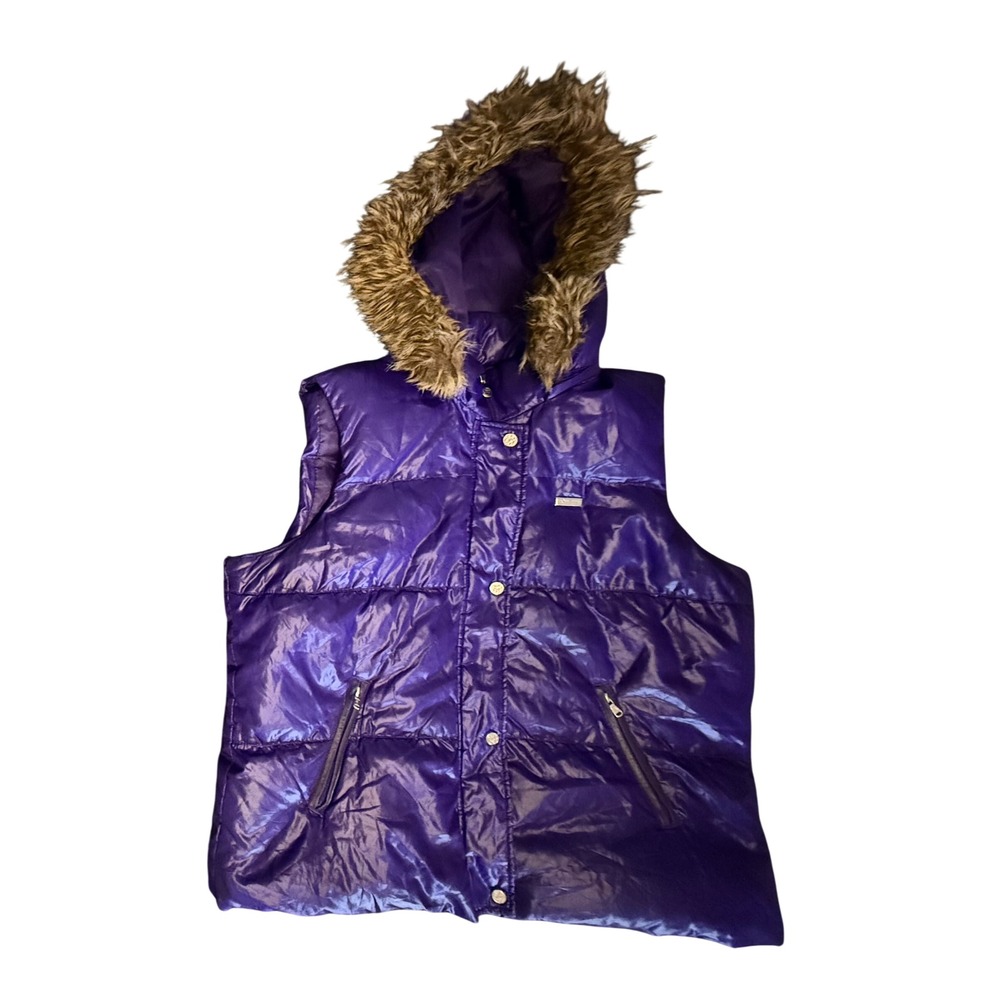 Sean John SWJQ9002 Puffer Vest Women 1X Purple Faux Fur Hood Down Fill Metallic